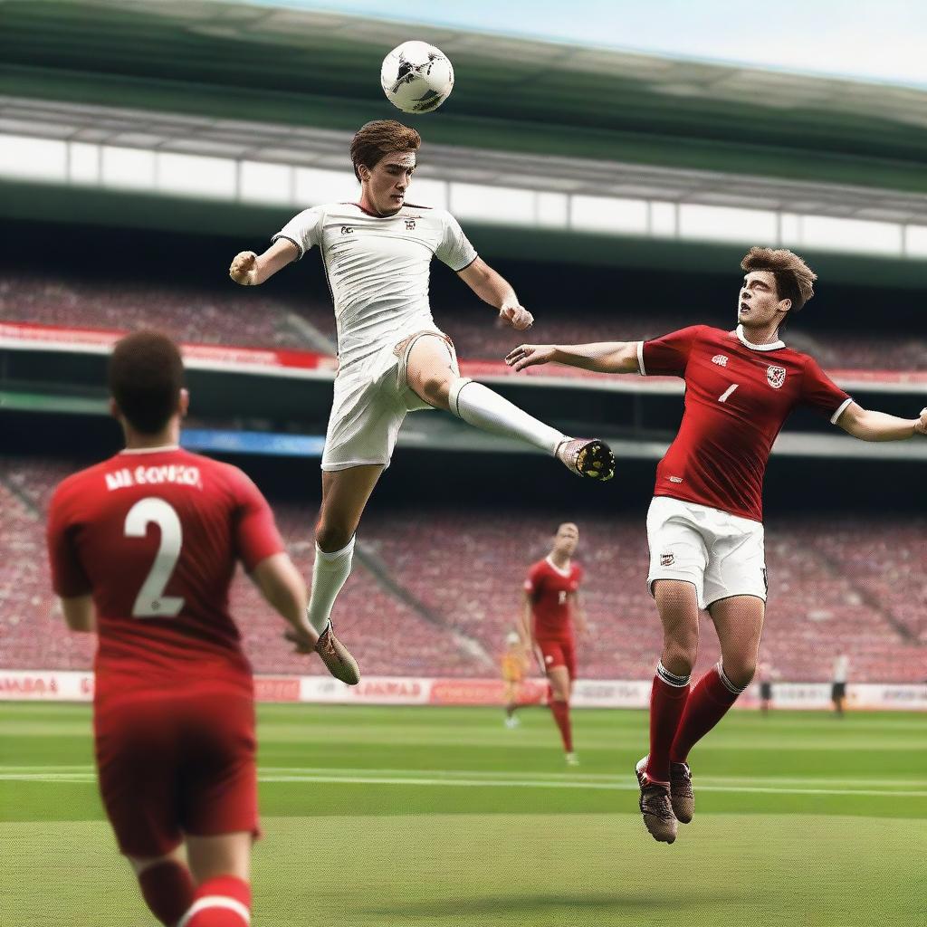 Create a highly realistic image of a football player with brown hair taking a bicycle kick