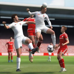 Create a highly realistic image of a football player with brown hair taking a bicycle kick