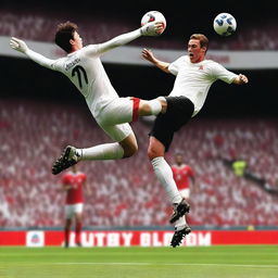 Create a highly realistic image of a football player with brown hair taking a bicycle kick