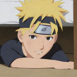 Anime character Naruto Uzumaki hiding under a bed, seen from an angle that reveals his characteristic spiky blond hair and headband.