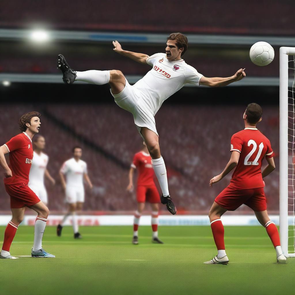 Create a highly realistic image of a football player with brown hair taking a bicycle kick