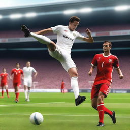 Create a highly realistic image of a football player with brown hair taking a bicycle kick