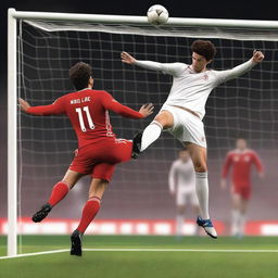 Create a highly realistic image of a football player with brown hair taking a bicycle kick