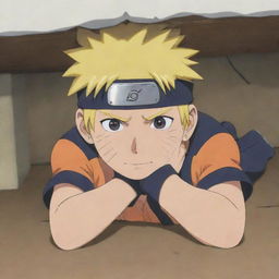 Anime character Naruto Uzumaki hiding under a bed, seen from an angle that reveals his characteristic spiky blond hair and headband.