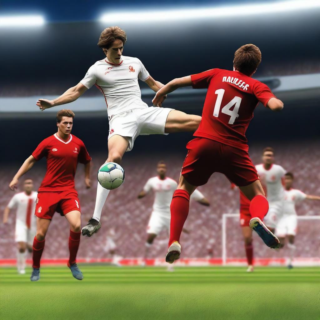 Create a highly realistic image of a football player with brown hair taking a bicycle kick