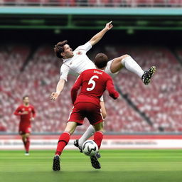 Create a highly realistic image of a football player with brown hair taking a bicycle kick