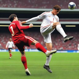 Create a highly realistic image of a football player with brown hair taking a bicycle kick