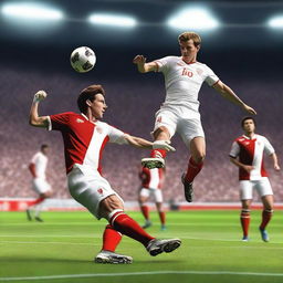 Create a highly realistic image of a football player with brown hair taking a bicycle kick