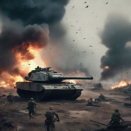 A war-themed background featuring a battlefield with soldiers, tanks, and explosions