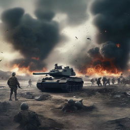 A war-themed background featuring a battlefield with soldiers, tanks, and explosions