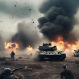 A war-themed background featuring a battlefield with soldiers, tanks, and explosions