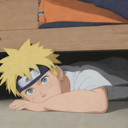 Anime character Naruto Uzumaki hiding under a bed, seen from an angle that reveals his characteristic spiky blond hair and headband.