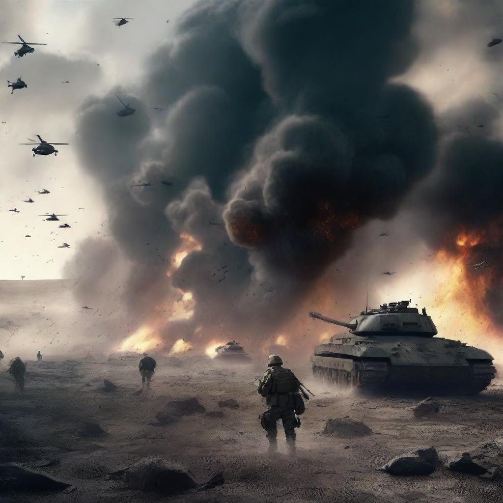 A war-themed background featuring a battlefield with soldiers, tanks, and explosions