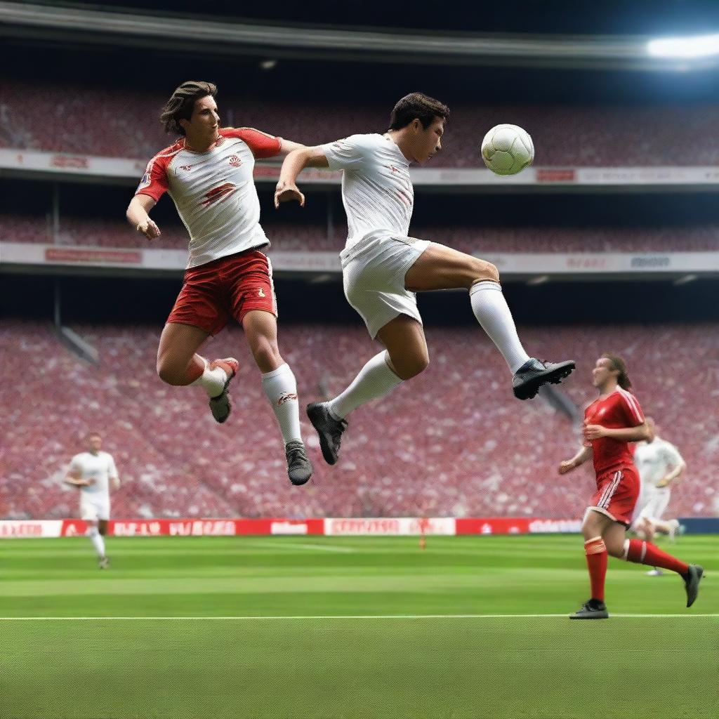 Create an ultra-realistic image of a football player with brown hair taking a bicycle kick