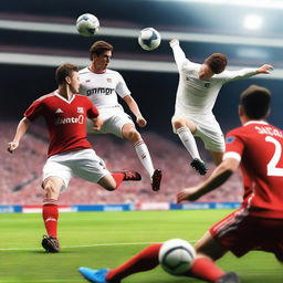 Create an ultra-realistic image of a football player with brown hair taking a bicycle kick