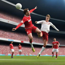 Create an ultra-realistic image of a football player with brown hair taking a bicycle kick