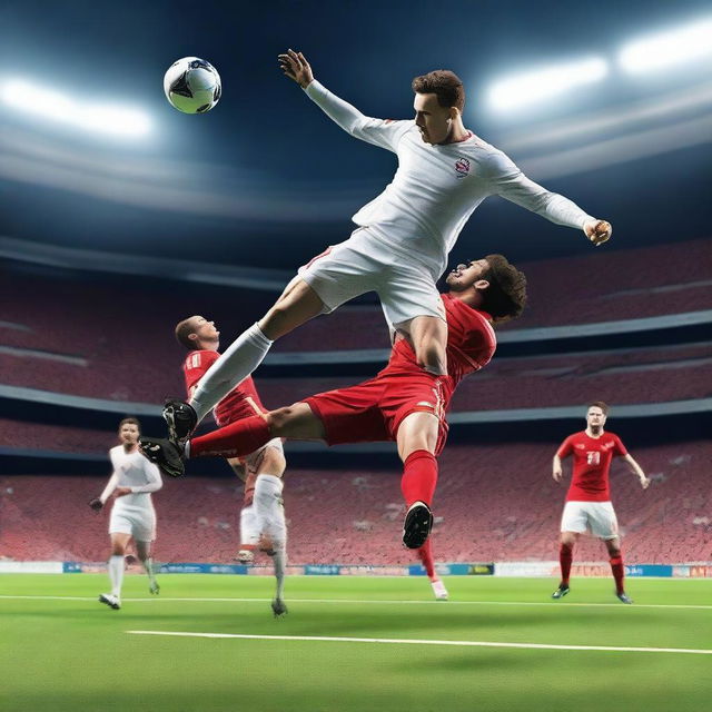 Create an ultra-realistic image of a football player with brown hair taking a bicycle kick