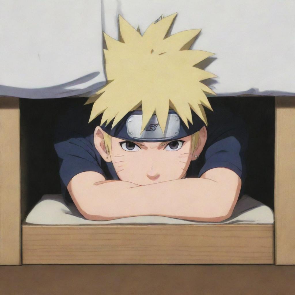 Anime character Naruto Uzumaki hiding under a bed, seen from an angle that reveals his characteristic spiky blond hair and headband.