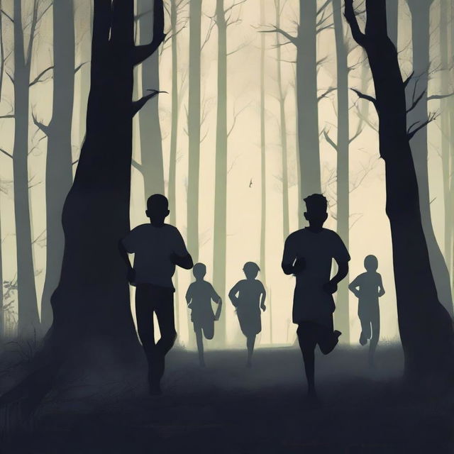 A group of boys running through a cold, dark forest, with a menacing figure of a black man chasing them