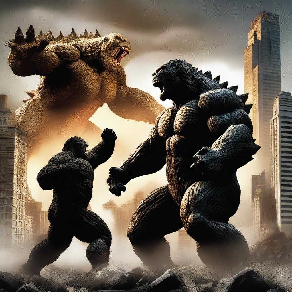 A dramatic battle scene featuring Godzilla and King Kong engaged in an epic fight