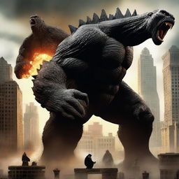 A dramatic battle scene featuring Godzilla and King Kong engaged in an epic fight