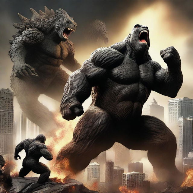 A dramatic battle scene featuring Godzilla and King Kong engaged in an epic fight