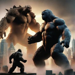 A dramatic battle scene featuring Godzilla and King Kong engaged in an epic fight