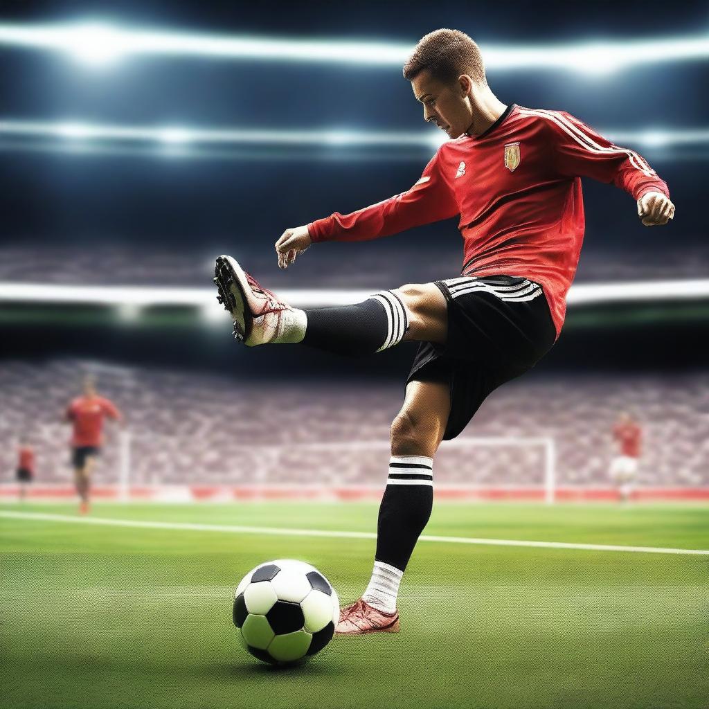 Create a highly realistic image of a soccer player scoring a penalty