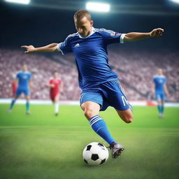 Create a highly realistic image of a soccer player scoring a penalty