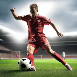 Create a highly realistic image of a soccer player scoring a penalty