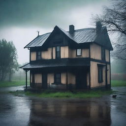 A dark and miserable old house with black and beige colors, standing alone in the rain