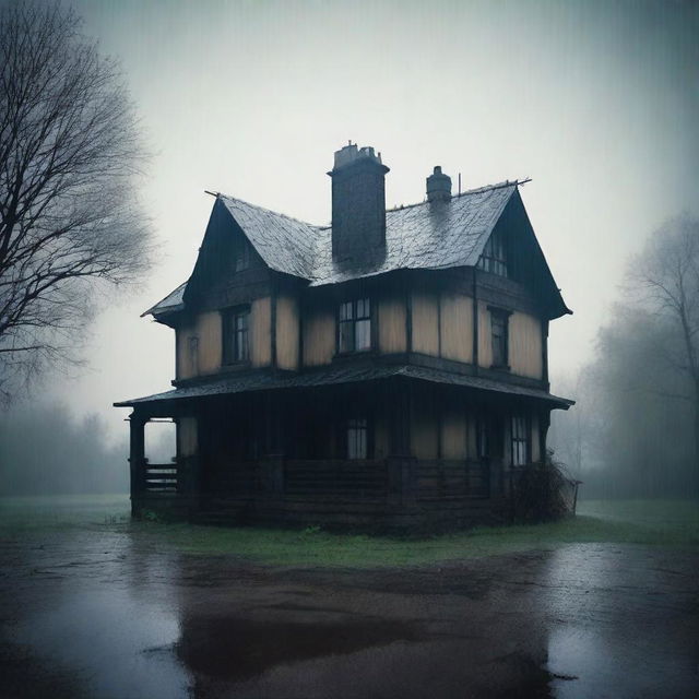 A dark and miserable old house with black and beige colors, standing alone in the rain