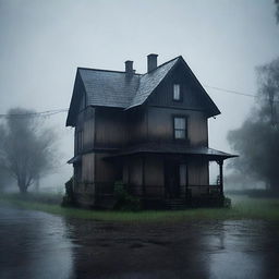 A dark and miserable old house with black and beige colors, standing alone in the rain