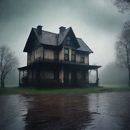 A dark and miserable old house with black and beige colors, standing alone in the rain