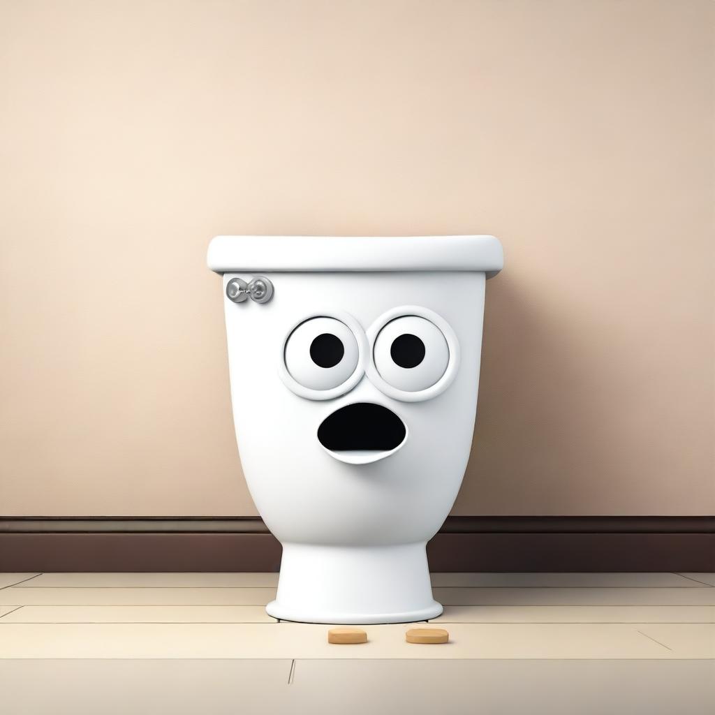 A whimsical and humorous scene featuring a toilet with googly eyes and a quirky expression, as if it is dancing or moving in a funny way