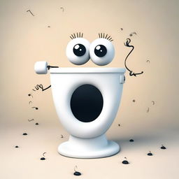 A whimsical and humorous scene featuring a toilet with googly eyes and a quirky expression, as if it is dancing or moving in a funny way