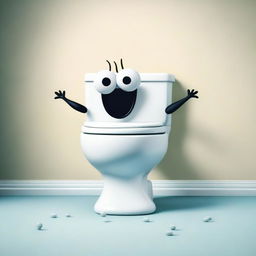 A whimsical and humorous scene featuring a toilet with googly eyes and a quirky expression, as if it is dancing or moving in a funny way