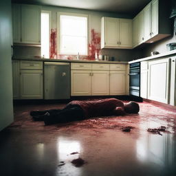 A dramatic scene of a murder in a kitchen