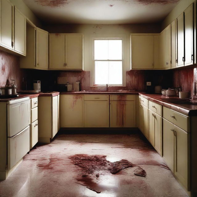 A dramatic scene of a murder in a kitchen