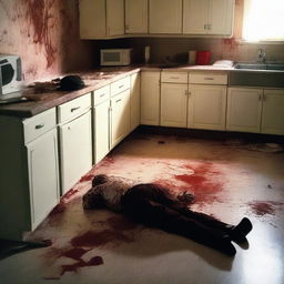 A dramatic scene of a murder in a kitchen