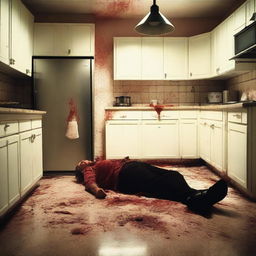 A dramatic scene of a murder in a kitchen