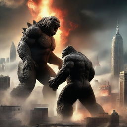 A dramatic and intense scene featuring Godzilla and King Kong in an epic battle