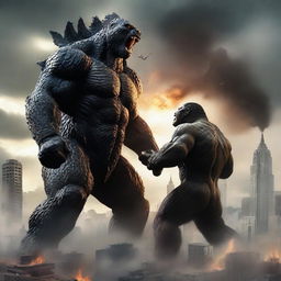 A dramatic and intense scene featuring Godzilla and King Kong in an epic battle