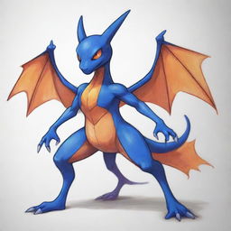 A sketch of a unique Pokémon fusion, with Greninja's body, Charizard's wings, and Mewtwo's face.