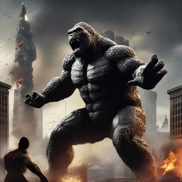 A dramatic and intense scene featuring Godzilla and King Kong in an epic battle