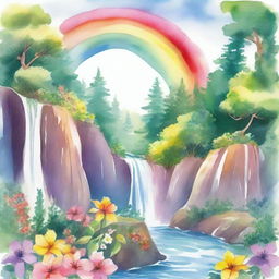 A beautiful watercolor painting of a rainbow arching over a cascading waterfall, surrounded by lush greenery and vibrant flowers