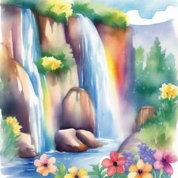 A beautiful watercolor painting of a rainbow arching over a cascading waterfall, surrounded by lush greenery and vibrant flowers