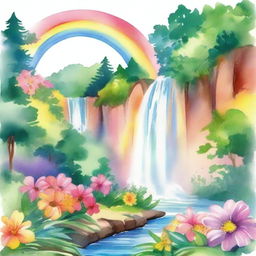 A beautiful watercolor painting of a rainbow arching over a cascading waterfall, surrounded by lush greenery and vibrant flowers