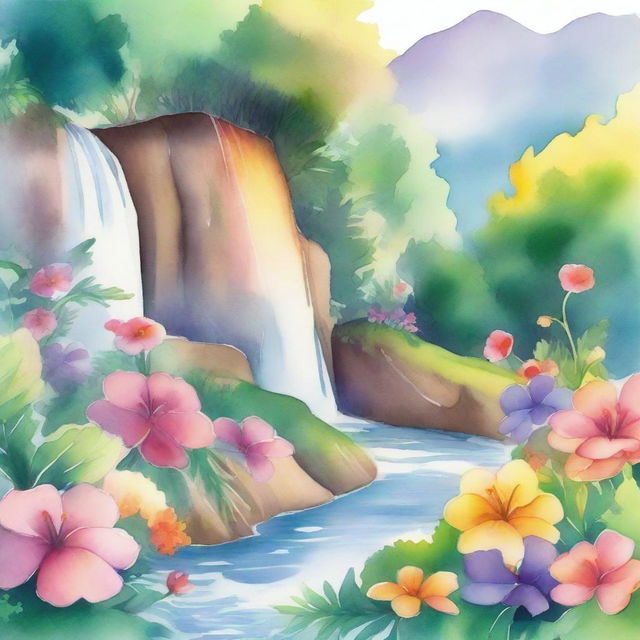 A beautiful watercolor painting of a rainbow arching over a cascading waterfall, surrounded by lush greenery and vibrant flowers