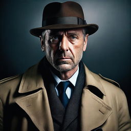 A dramatic portrait of the most wanted man, featuring a rugged and mysterious figure with a dark background